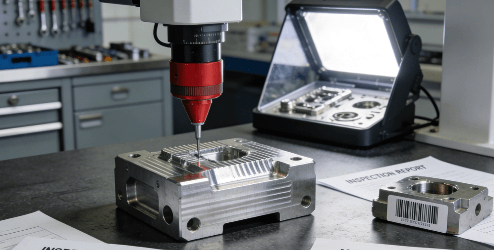  Close-up of a machined aluminum part undergoing final quality inspection with a Coordinate Measuring Machine (CMM) probe, alongside material certification and inspection reports on a workbench.