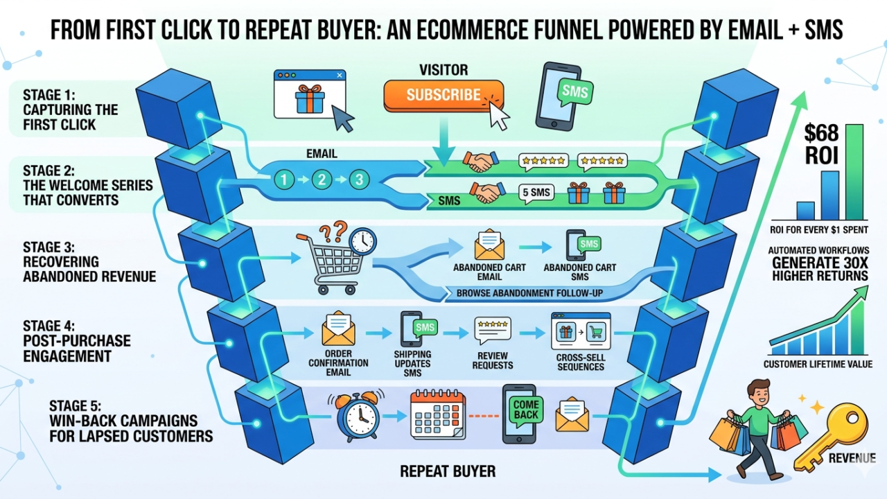 From First Click to Repeat Buyer: A Simple Ecommerce Funnel Powered by Email + SMS